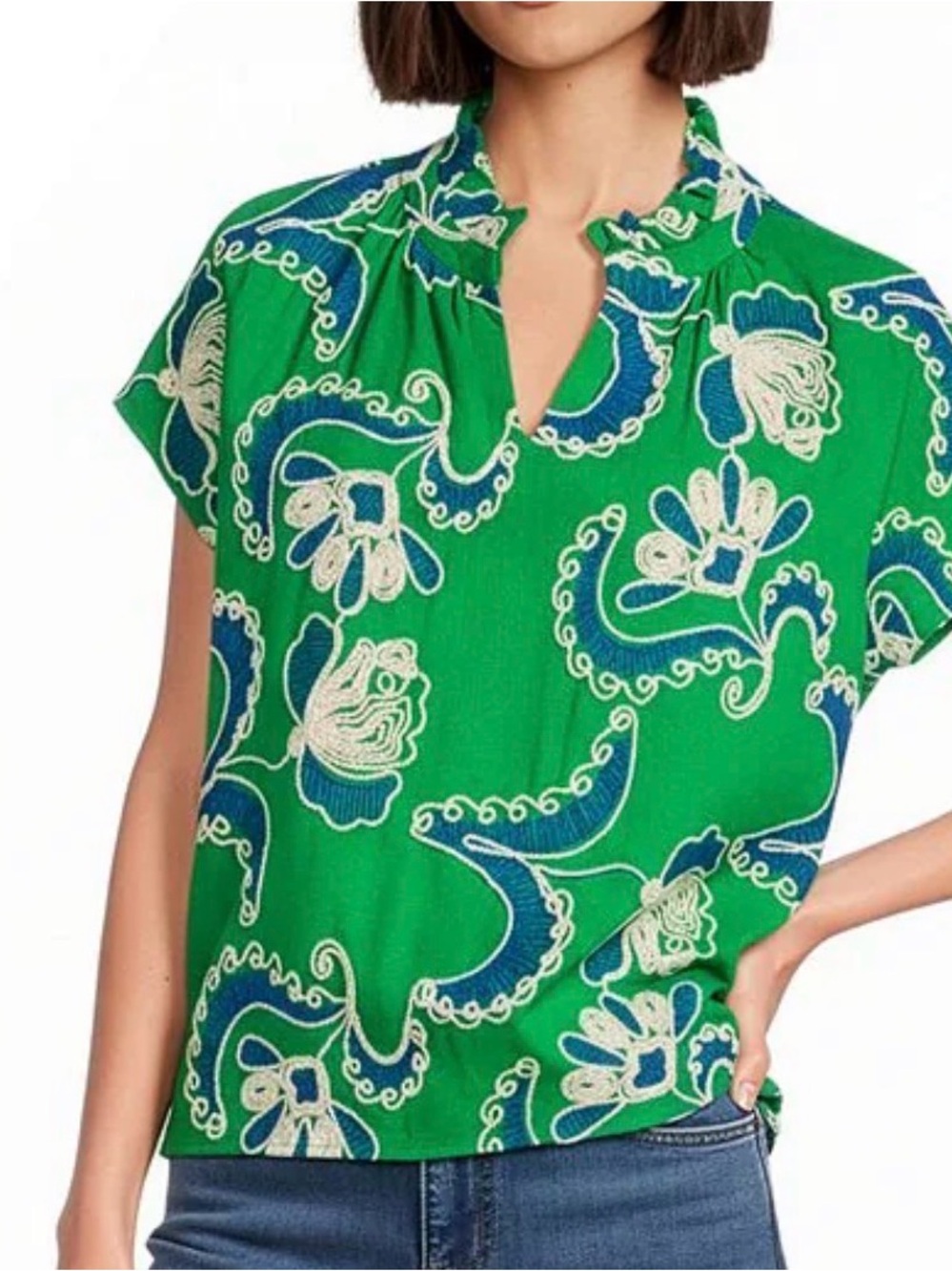 Tru luxe cord lines embroidered abstract floral shirt w ruffles